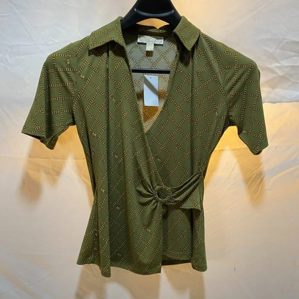 Michael Michael Kors Chain Print Wrap Top Smoky Olive Size S